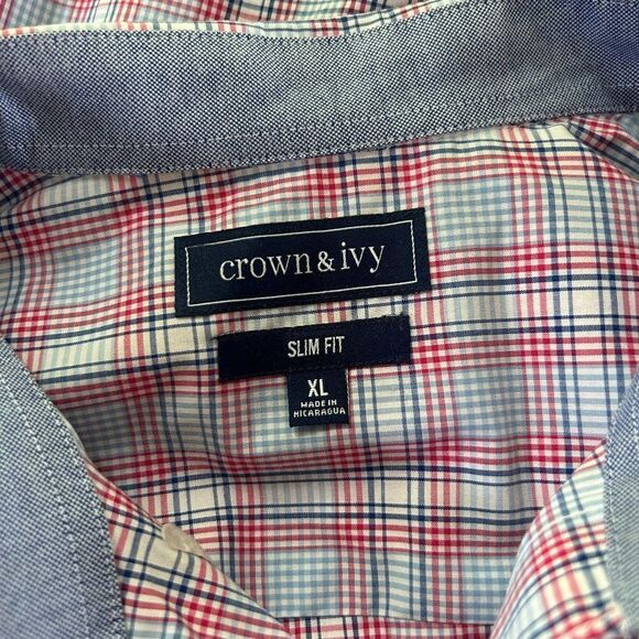 Men's Crown & Ivy XL Slim Fit Blue Red White Long Sleeve Button Front Shirt - Picture 3 of 9